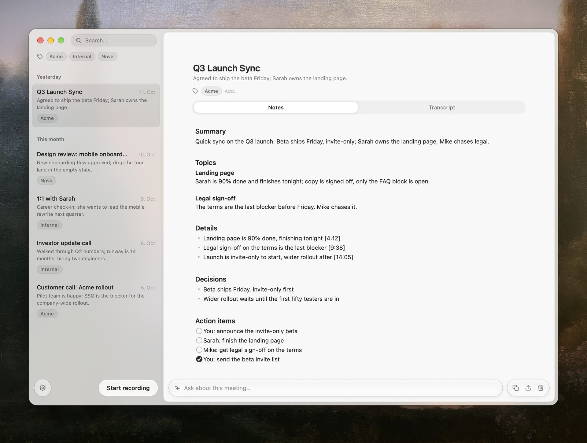 The Ocelli library window: a sidebar of saved meetings (Q3 Launch Sync, Design review: mobile onboarding, 1:1 with Sarah, Investor update call, Customer call: Acme rollout) and the open note for Q3 Launch Sync with its summary, topics, details, decisions and action items.