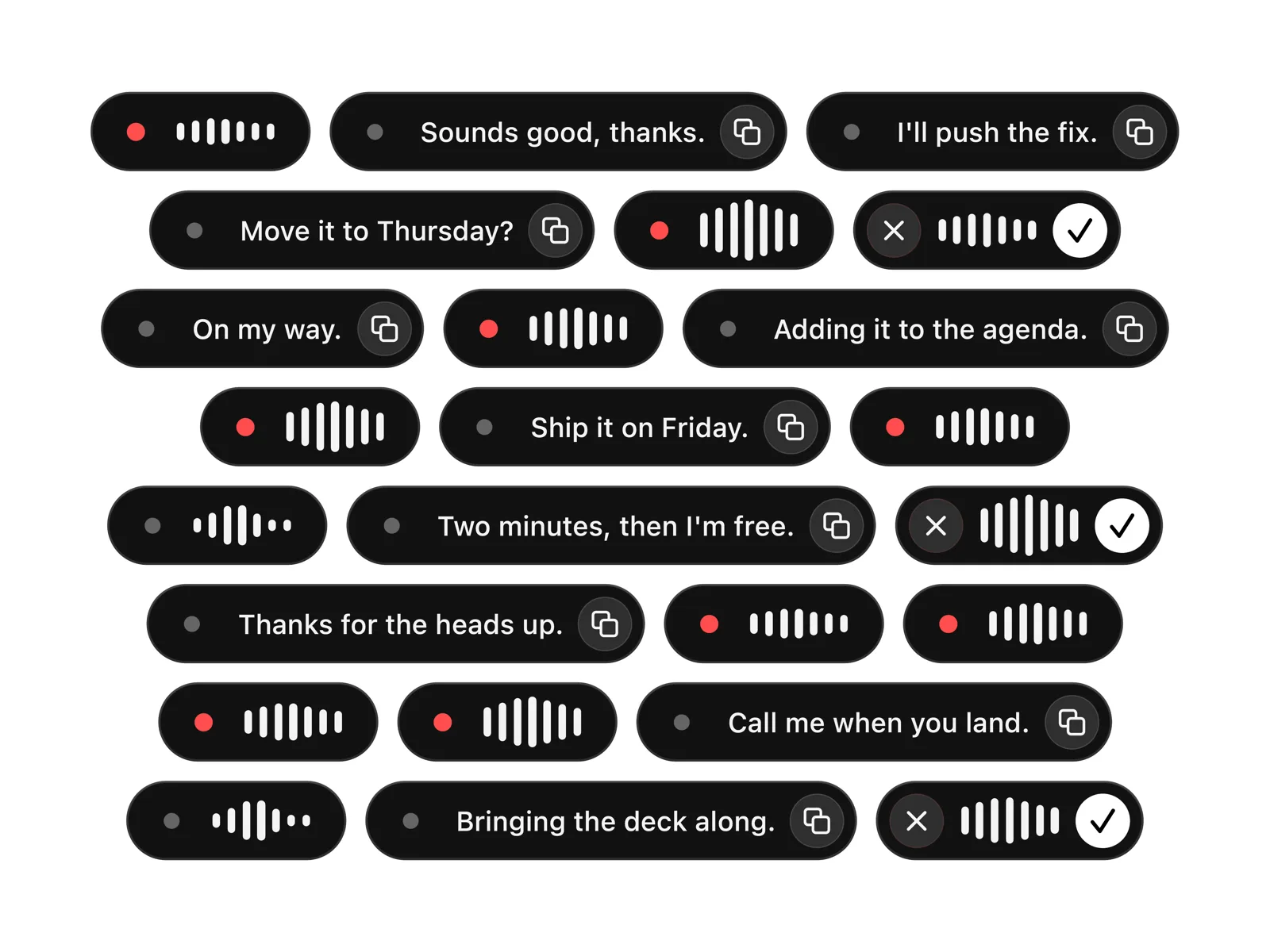 The Ocelli dictation pill, in each of its states