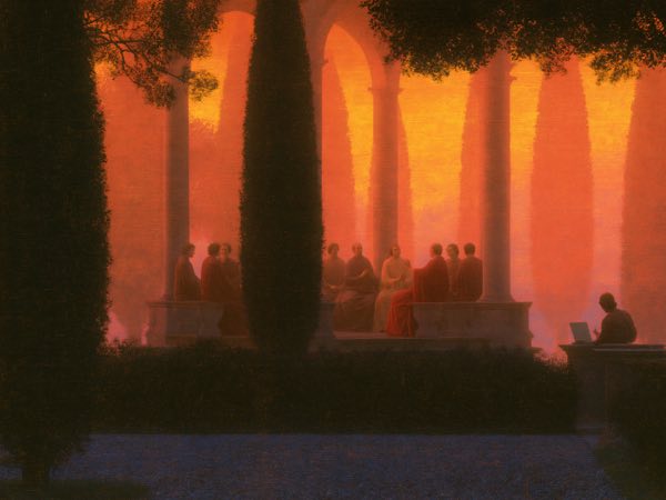 Crimson loggia: a Renaissance oil painting in the world Ocelli lives in.