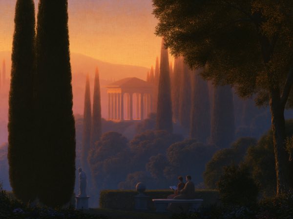 Temple in the valley: a Renaissance oil painting in the world Ocelli lives in.