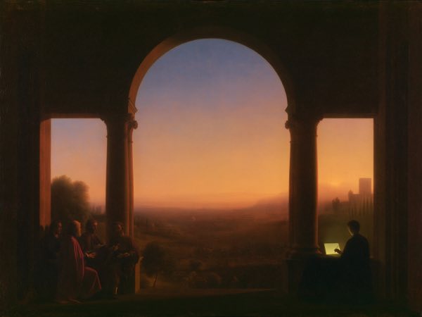 Dark arcade: a Renaissance oil painting in the world Ocelli lives in.